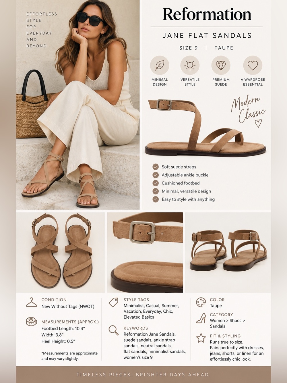 Reformation Jane Flat Sandals Taupe Suede Ankle Strap Women’s Size 9 NWOT